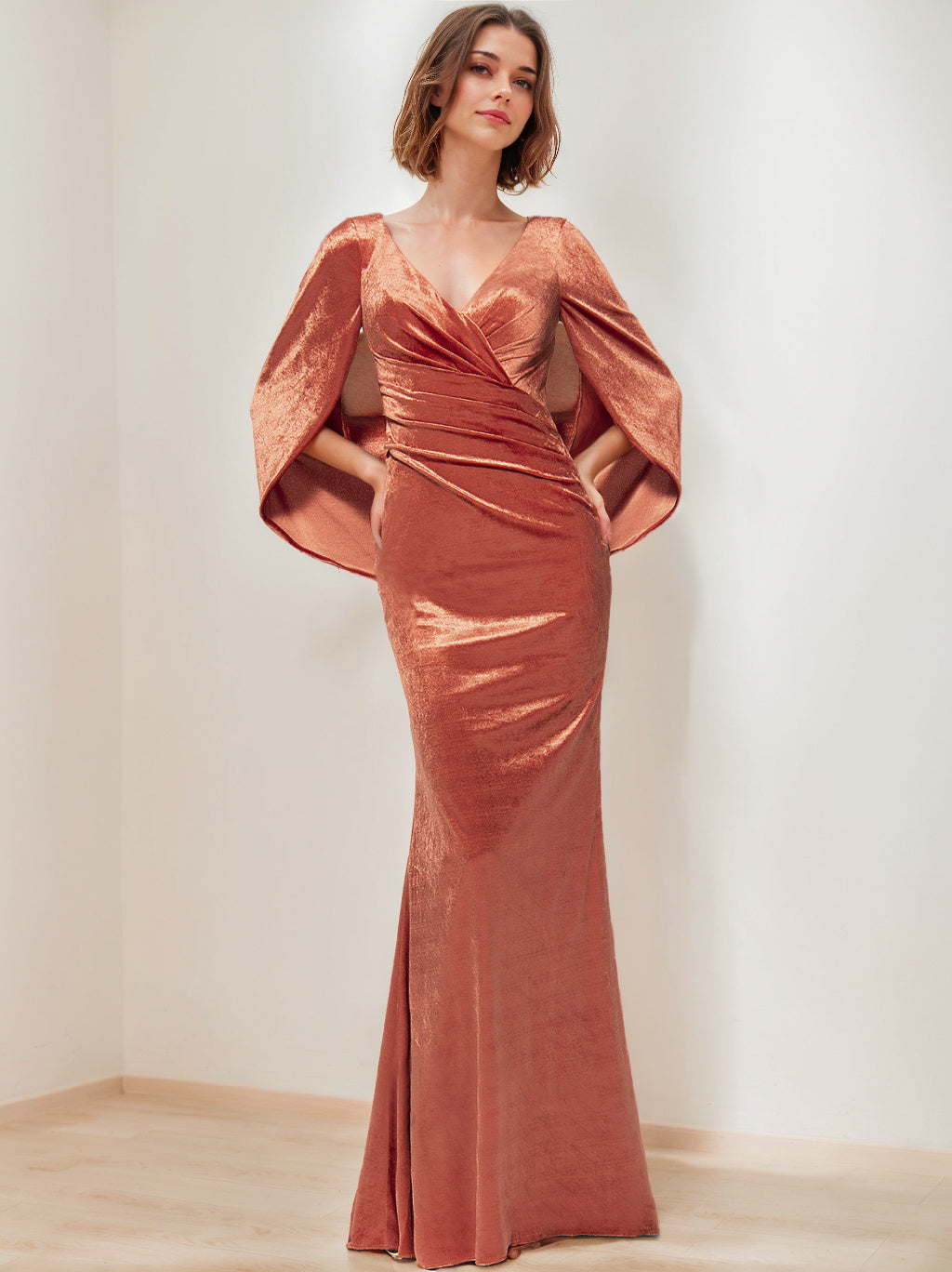 V Neck Velvet Mother Of The Bride Sheath Gown With Ruffled Half Sleeves