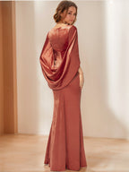 V Neck Velvet Mother Of The Bride Sheath Gown With Ruffled Half Sleeves