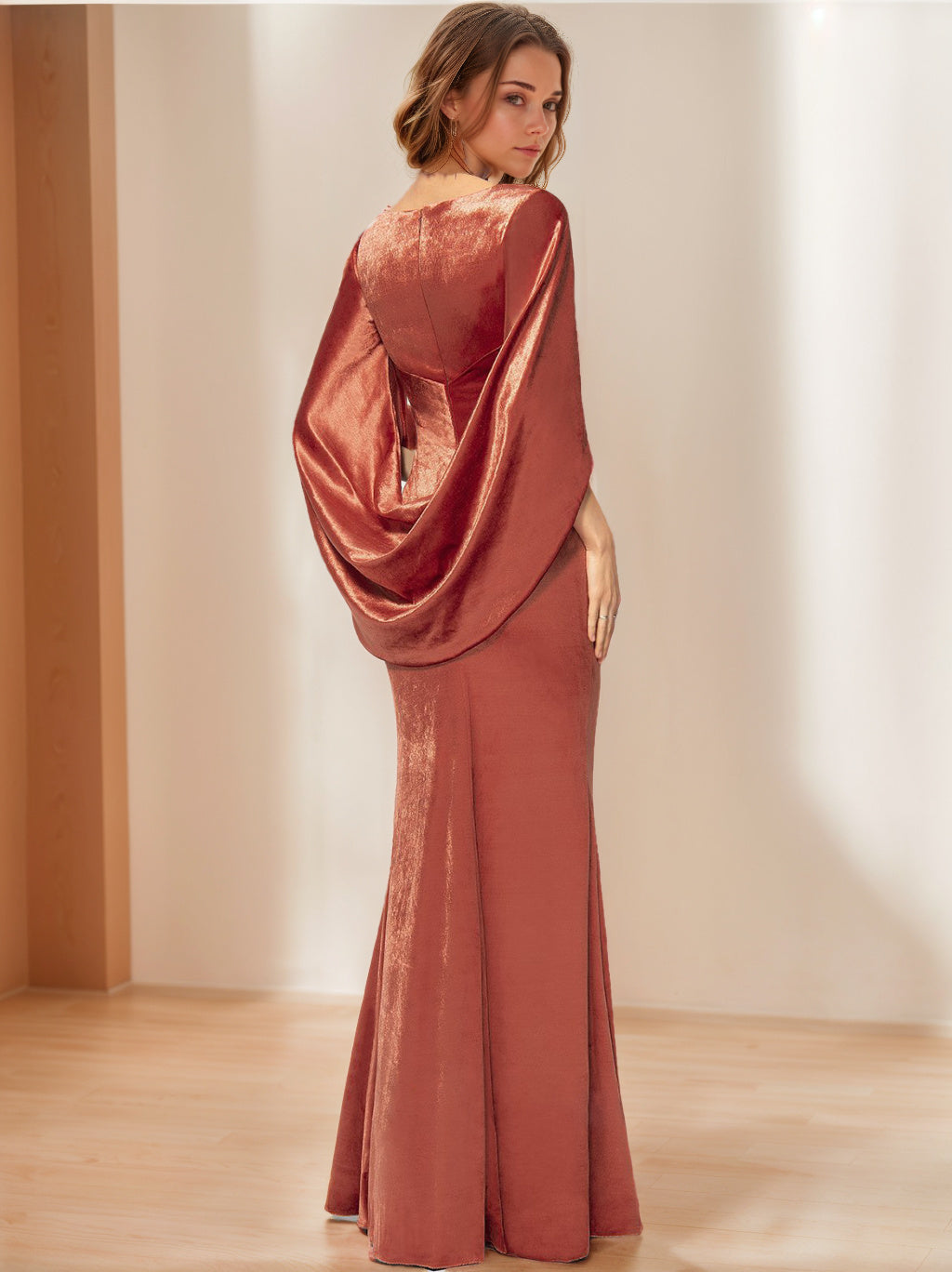 V Neck Velvet Mother Of The Bride Sheath Gown With Ruffled Half Sleeves