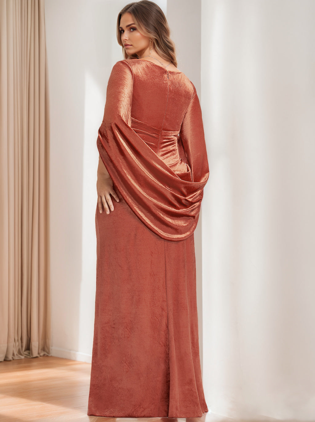 V Neck Velvet Mother Of The Bride Sheath Gown With Ruffled Half Sleeves