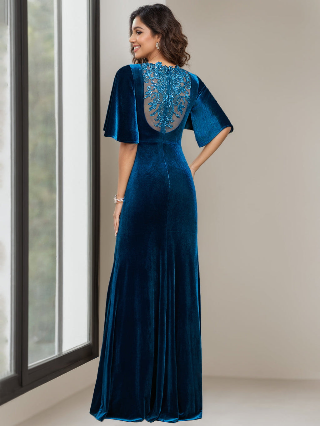 Floor Length Velvet Mother Of The Bride Dress With Scoop Neck And Beaded Details