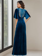 Floor Length Velvet Mother Of The Bride Dress With Scoop Neck And Beaded Details