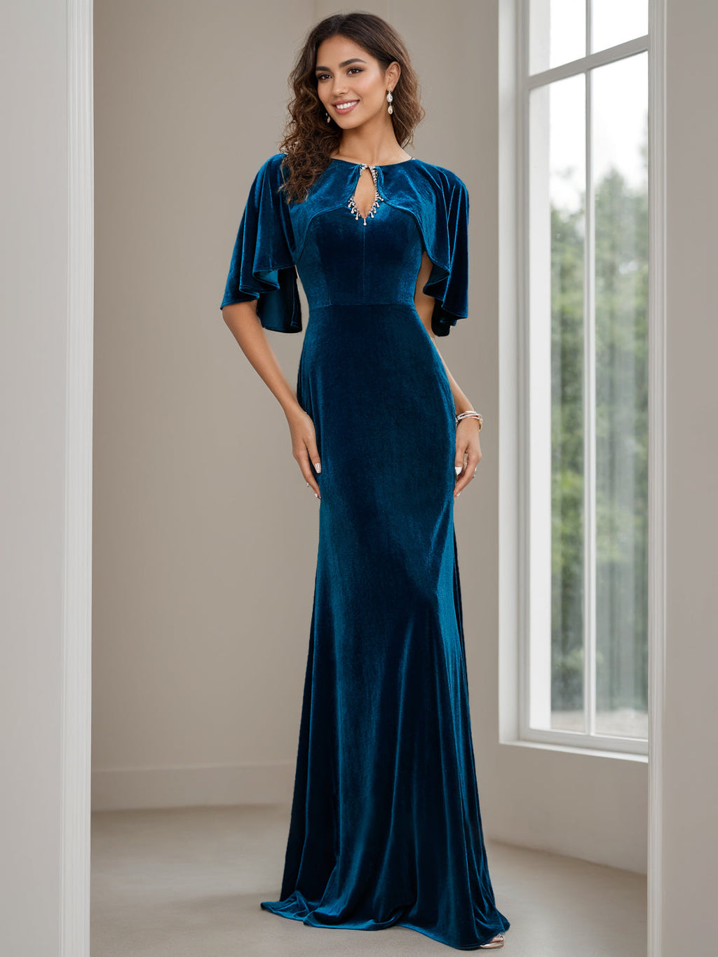 Floor Length Velvet Mother Of The Bride Dress With Scoop Neck And Beaded Details
