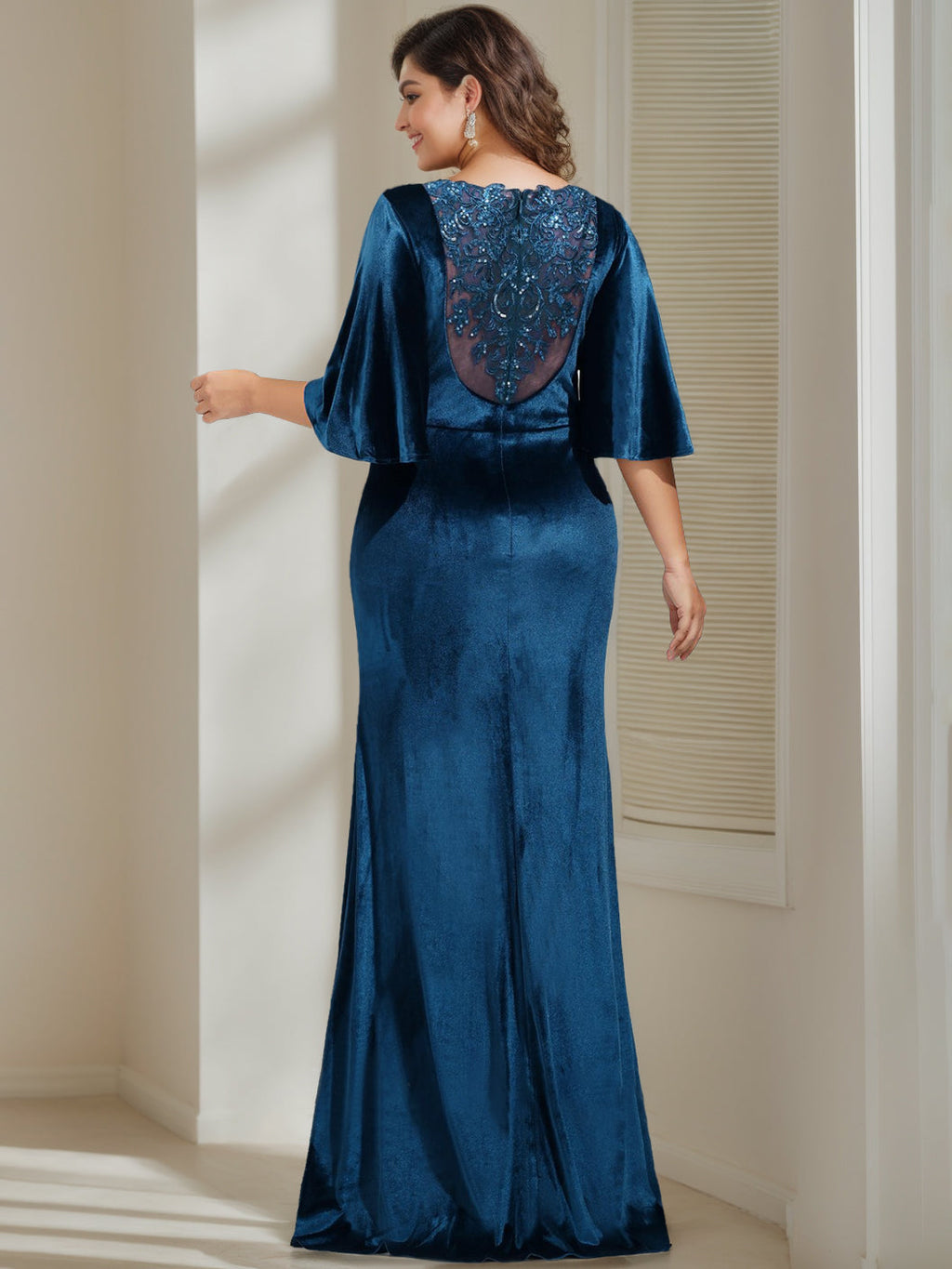 Floor Length Velvet Mother Of The Bride Dress With Scoop Neck And Beaded Details