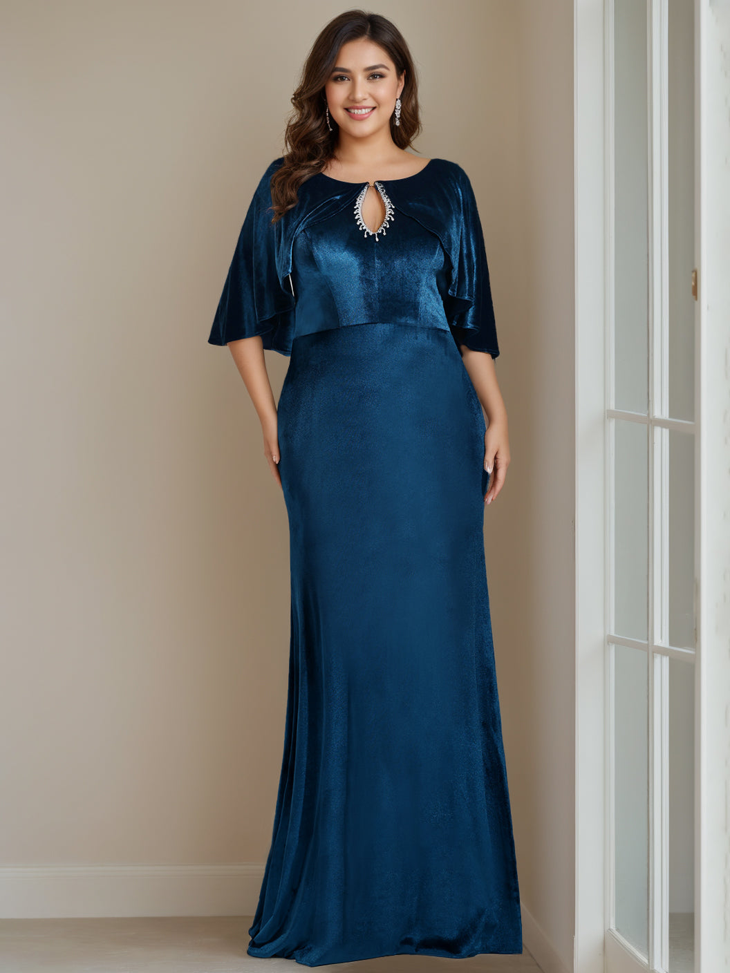 Floor Length Velvet Mother Of The Bride Dress With Scoop Neck And Beaded Details