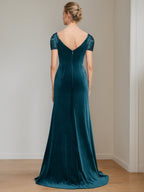 Velvet Mother Of The Bride Gown Vneck Sleeves With Ruffles And Appliques Trumpet