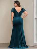 Velvet Mother Of The Bride Gown Vneck Sleeves With Ruffles And Appliques Trumpet