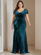 Plus Size Velvet Mother Of Bride Gown With Ruffles And Appliques Floor Length