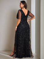 Plus Size Sequin A Line Dress With Asymmetrical V Neck For Mother Of The Bride