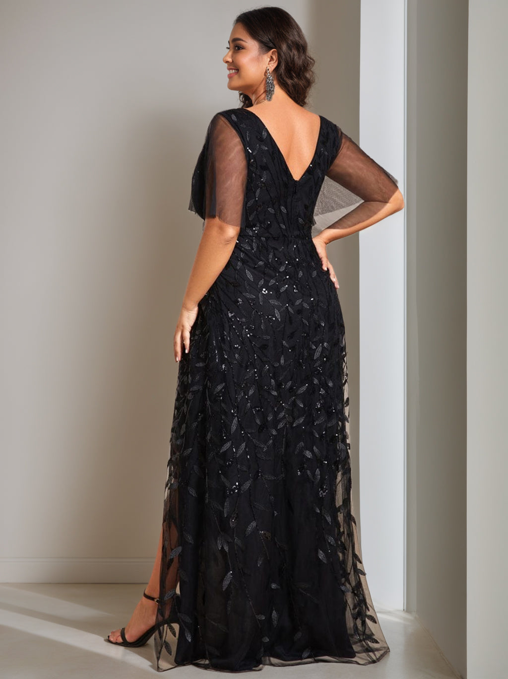 V Neck A Line Princess Dress With Sequins Asymmetrical For Mother Of The Bride