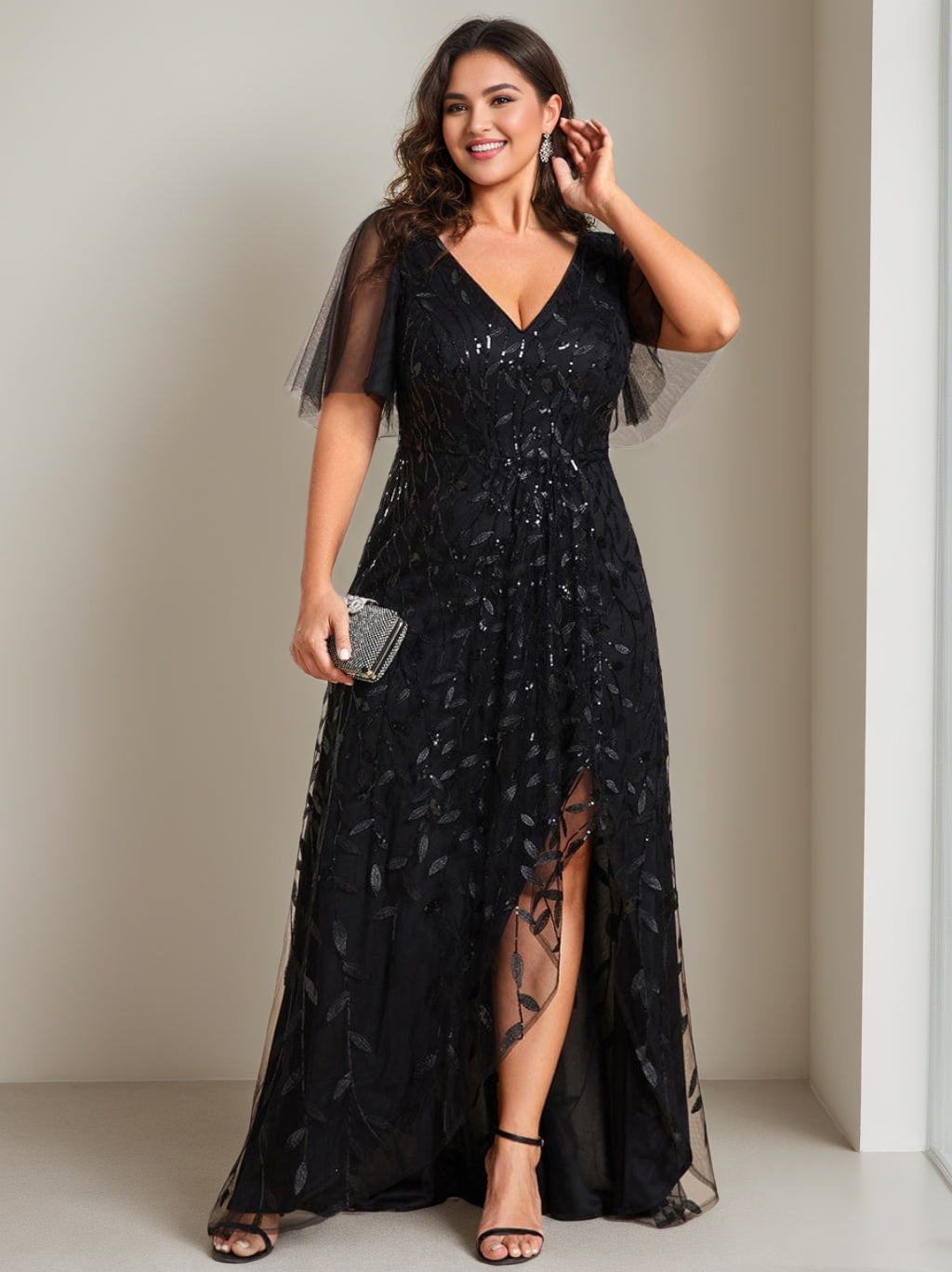 Plus Size Sequin A Line Dress With Asymmetrical V Neck For Mother Of The Bride