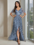 V Neck A Line Princess Dress With Sequins Asymmetrical For Mother Of The Bride
