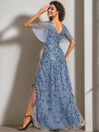 V Neck A Line Princess Dress With Sequins Asymmetrical For Mother Of The Bride