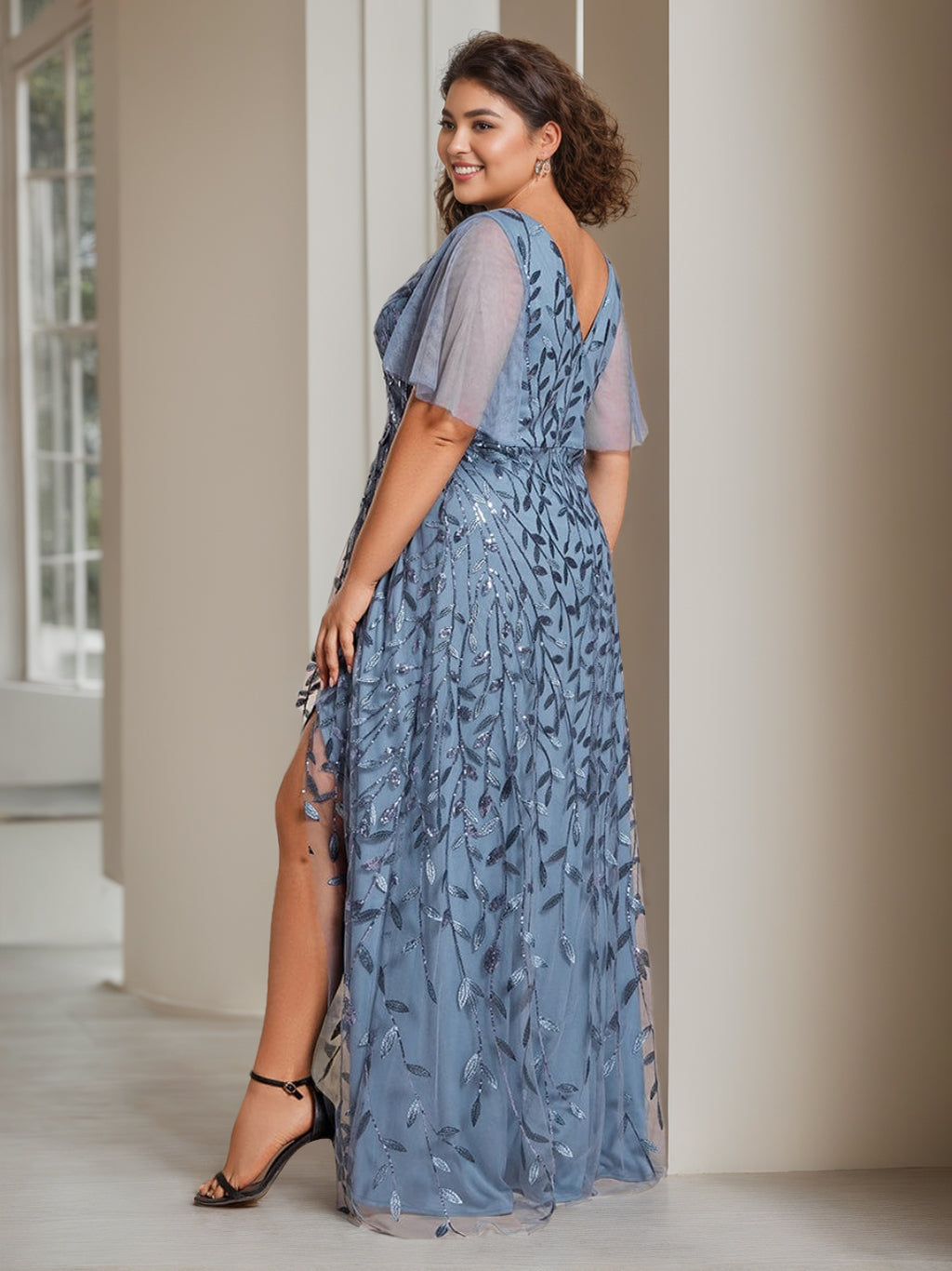 Plus Size Sequin A Line Dress With Asymmetrical V Neck For Mother Of The Bride