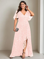 Plus Size Sequin A Line Dress With Asymmetrical V Neck For Mother Of The Bride