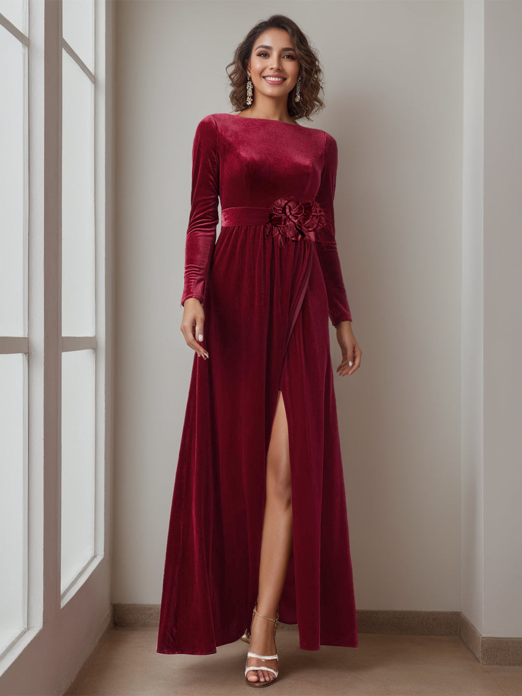 Floor Length A Line Princess Gown With Scoop Neck And Long Ruffled Sleeves