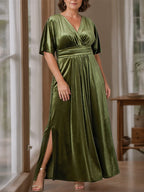 Plus Size Velvet Mother Of The Bride A Line Dress With V Neck And Ruffles