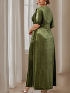 Plus Size Velvet Mother Of The Bride A Line Dress With V Neck And Ruffles