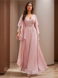 V-Neck Aline Dress for Mother of the Bride with Lace Appliques and Short Sleeves