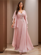 V-Neck Aline Dress for Mother of the Bride with Lace Appliques and Short Sleeves