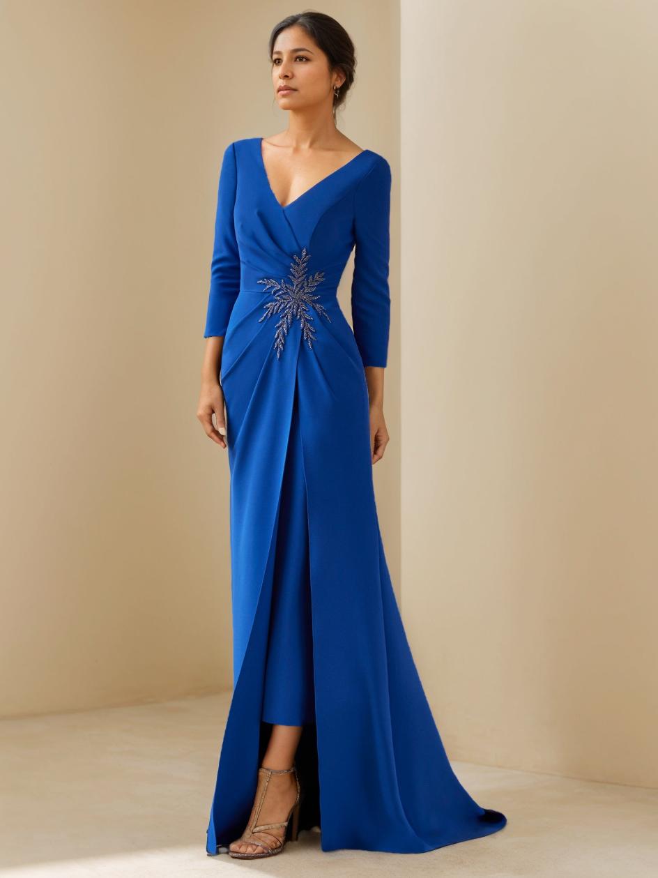 V Neck Floor Length Mother Of The Bride Dress With Three Quarter Sleeves Ruffles