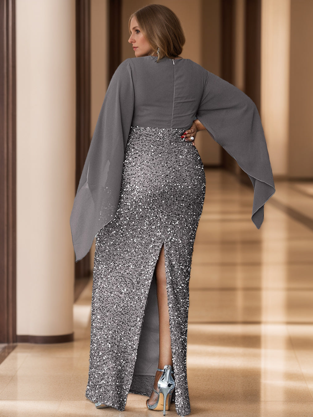 Plus Size V Neck Floor Length Mother of the Bride Dress Flare Sleeves Sequined