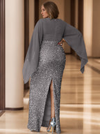 Plus Size V Neck Floor Length Mother of the Bride Dress Flare Sleeves Sequined