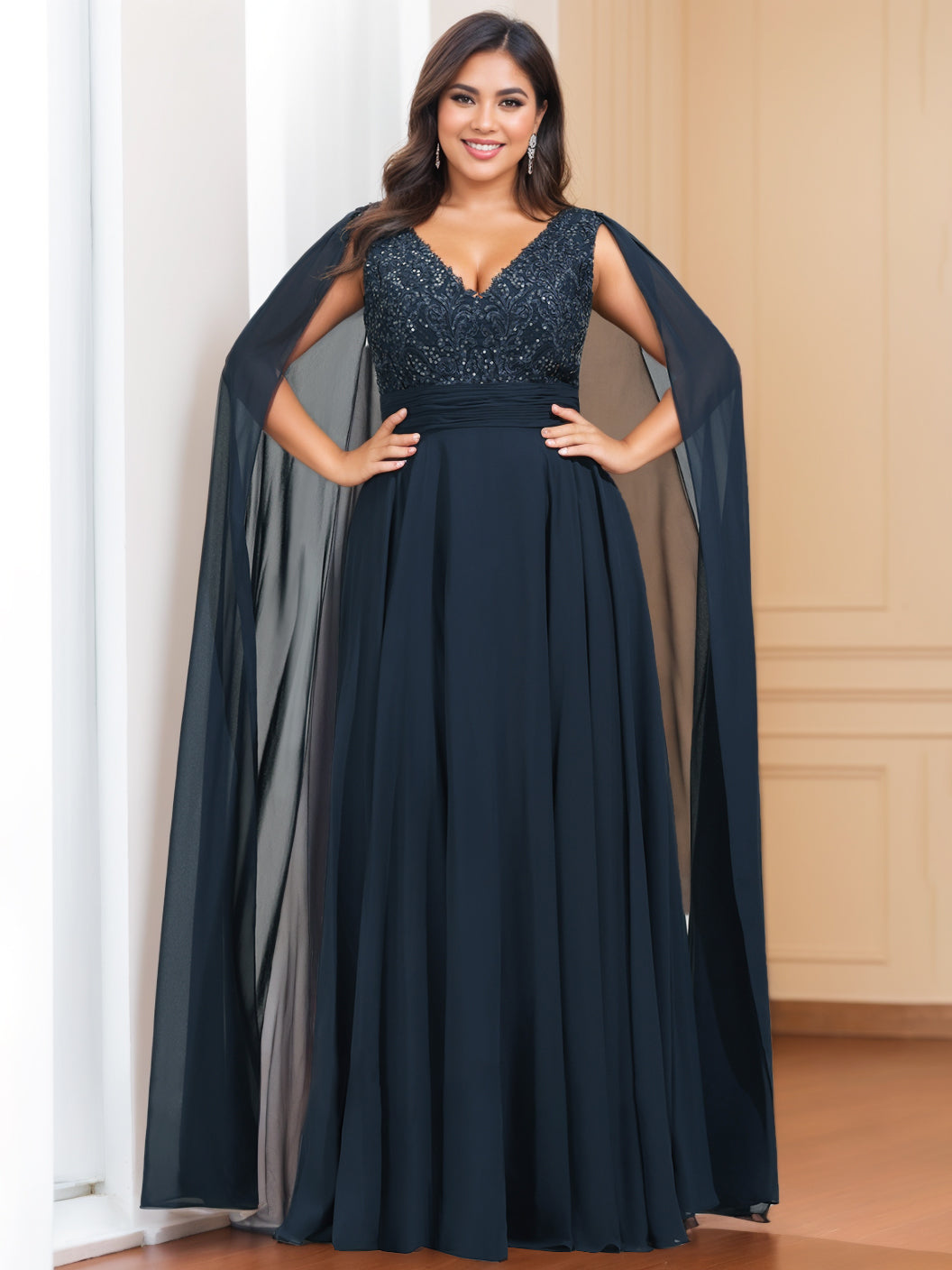 Plus Size Mother Of The Bride Dress With Floor Length Sequins And Watteau Train