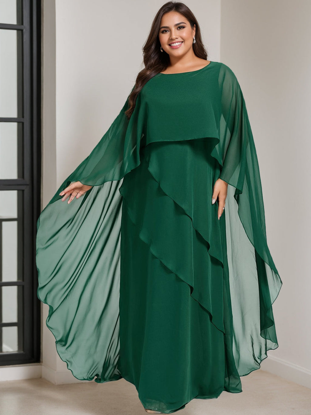 Plus Size Floor Length Mother Of The Bride A Line Dress Scoop Neck Half Sleeves