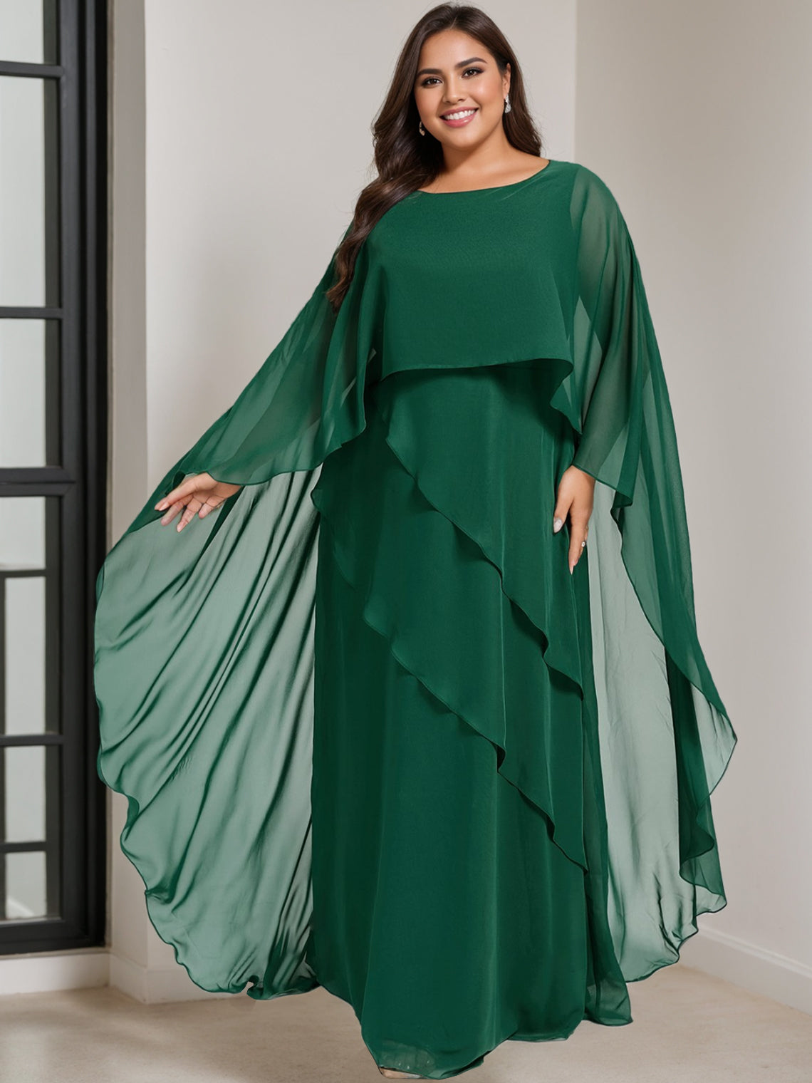 Plus Size Floor Length Mother Of The Bride A Line Dress Scoop Neck Half Sleeves