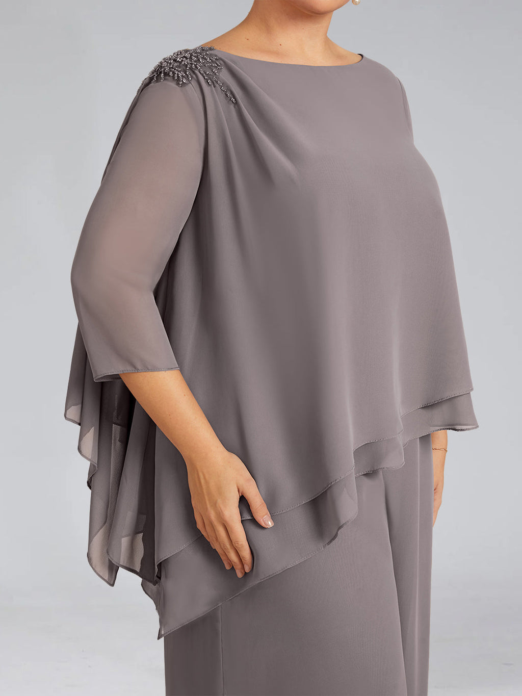 Two Piece Scoop Neck Chiffon Gown Beaded For Plus Size Mothers Of The Bride