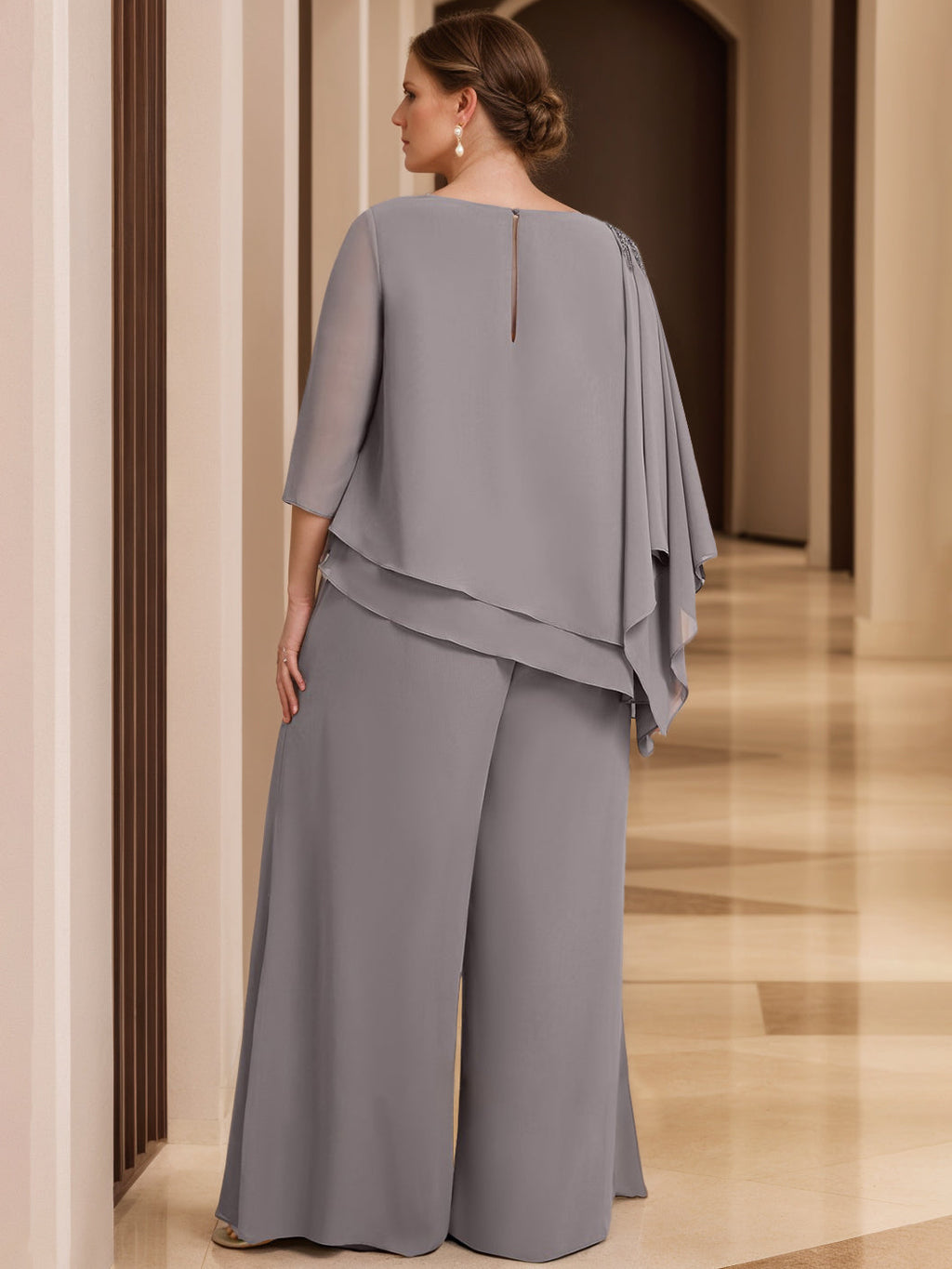 Two Piece Scoop Neck Chiffon Gown Beaded For Plus Size Mothers Of The Bride