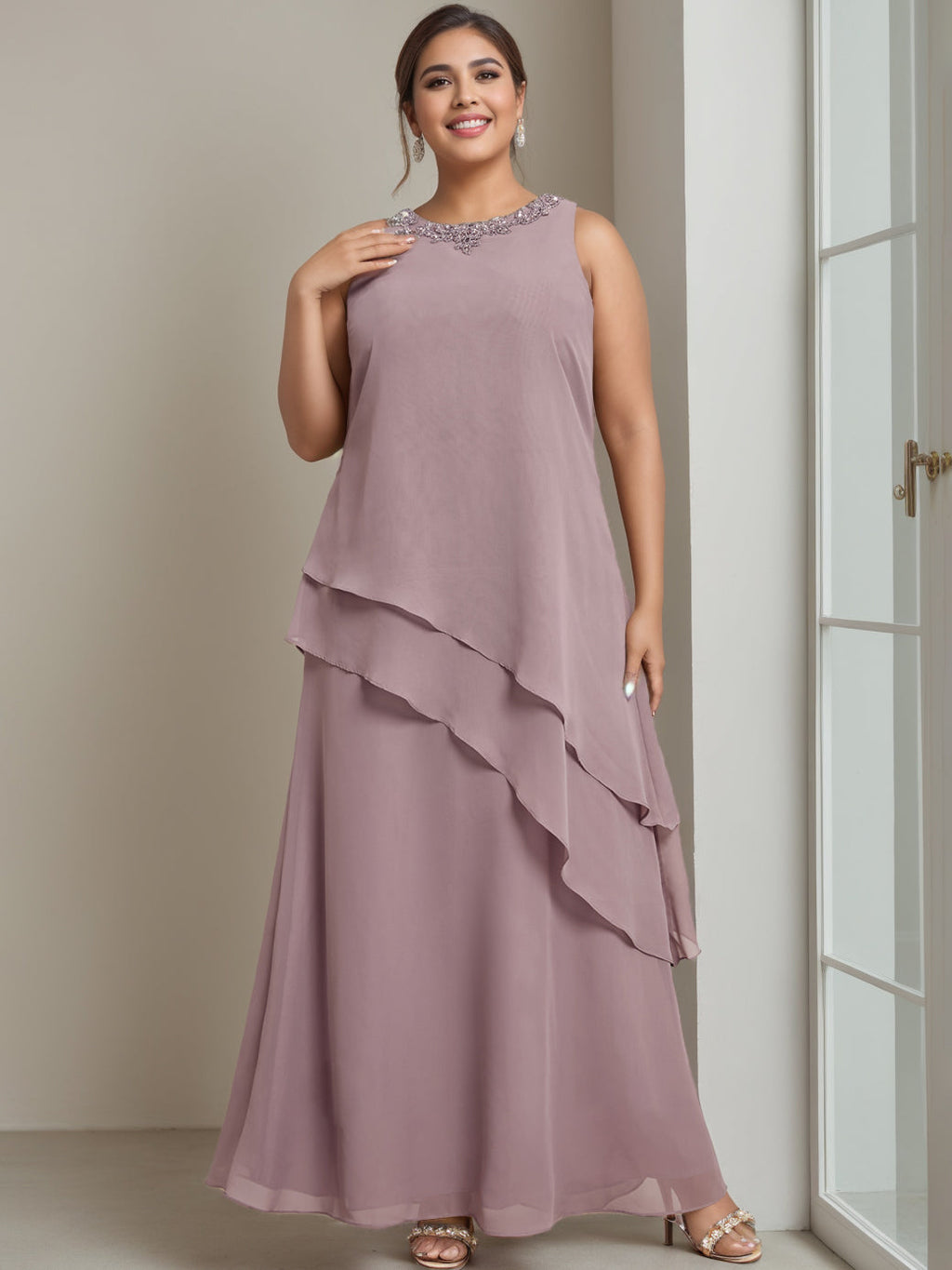 Plus Size Floor Length Sleeveless A Line Mother Of The Bride Dress With Beading