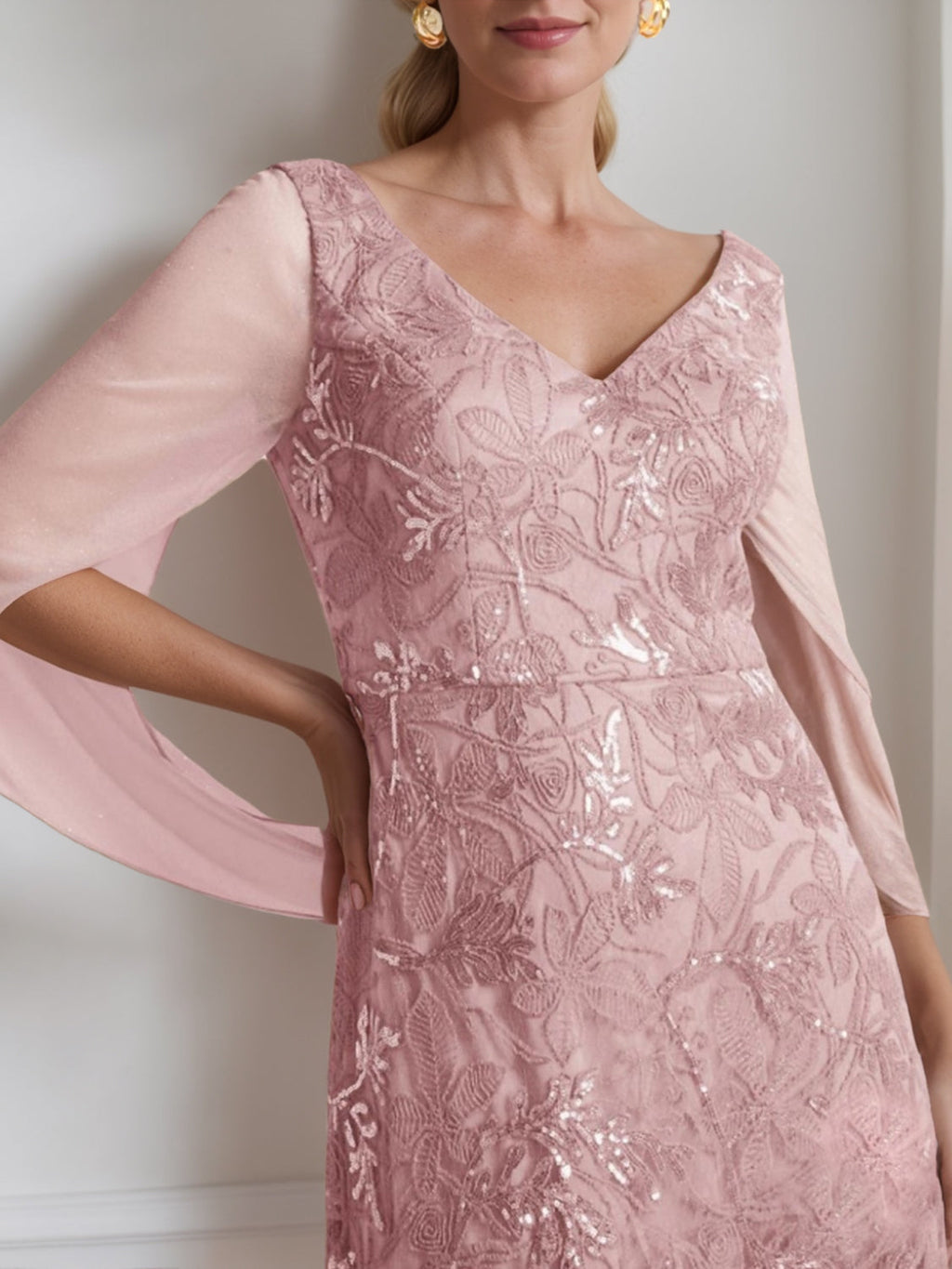 V Neck A Line Mother Of The Bride Ankle Length Solid Color Dress With Lace Sleeves
