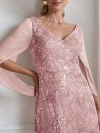 V Neck A Line Mother Of The Bride Ankle Length Solid Color Dress With Lace Sleeves