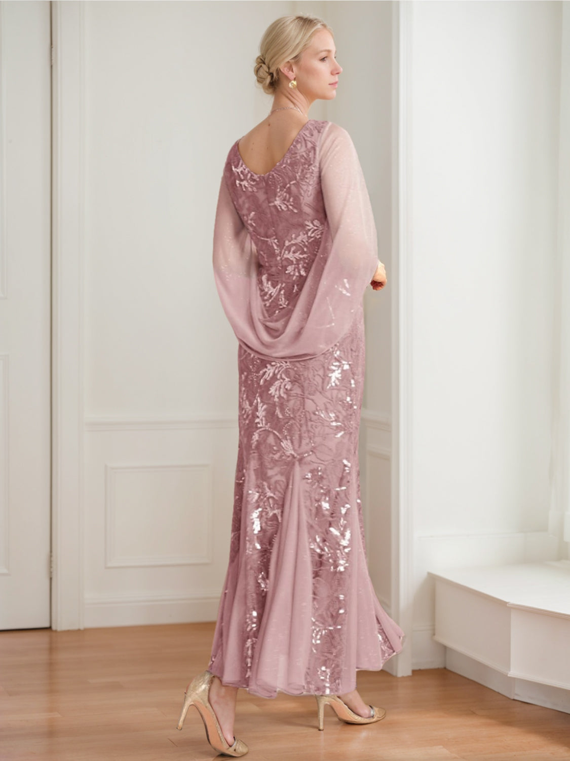 V Neck A Line Mother Of The Bride Ankle Length Solid Color Dress With Lace Sleeves