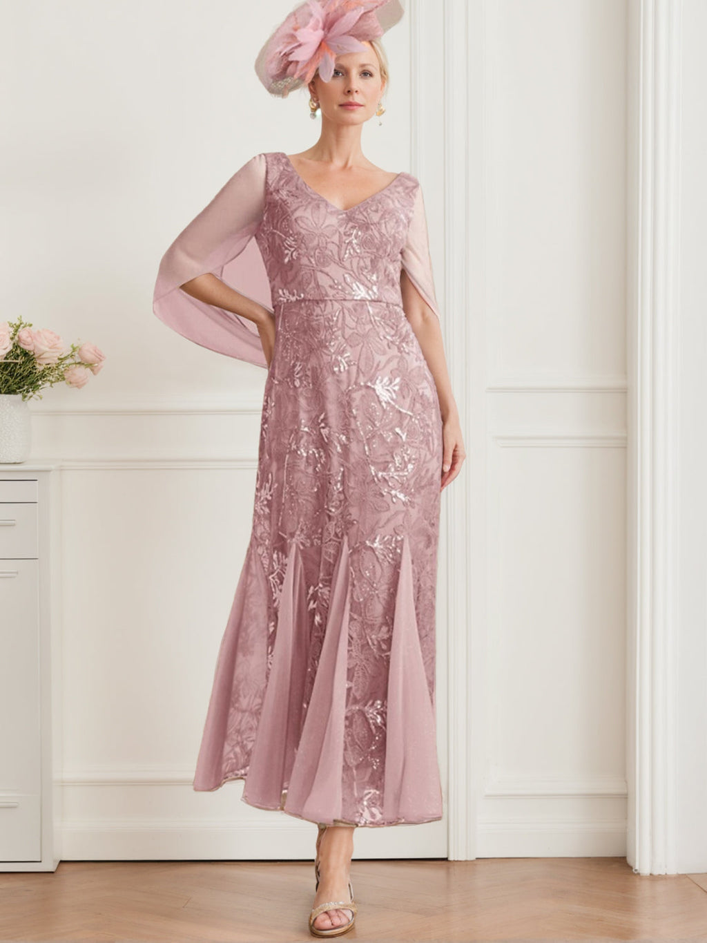 V Neck A Line Mother Of The Bride Ankle Length Solid Color Dress With Lace Sleeves