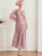 V Neck A Line Mother Of The Bride Ankle Length Solid Color Dress With Lace Sleeves