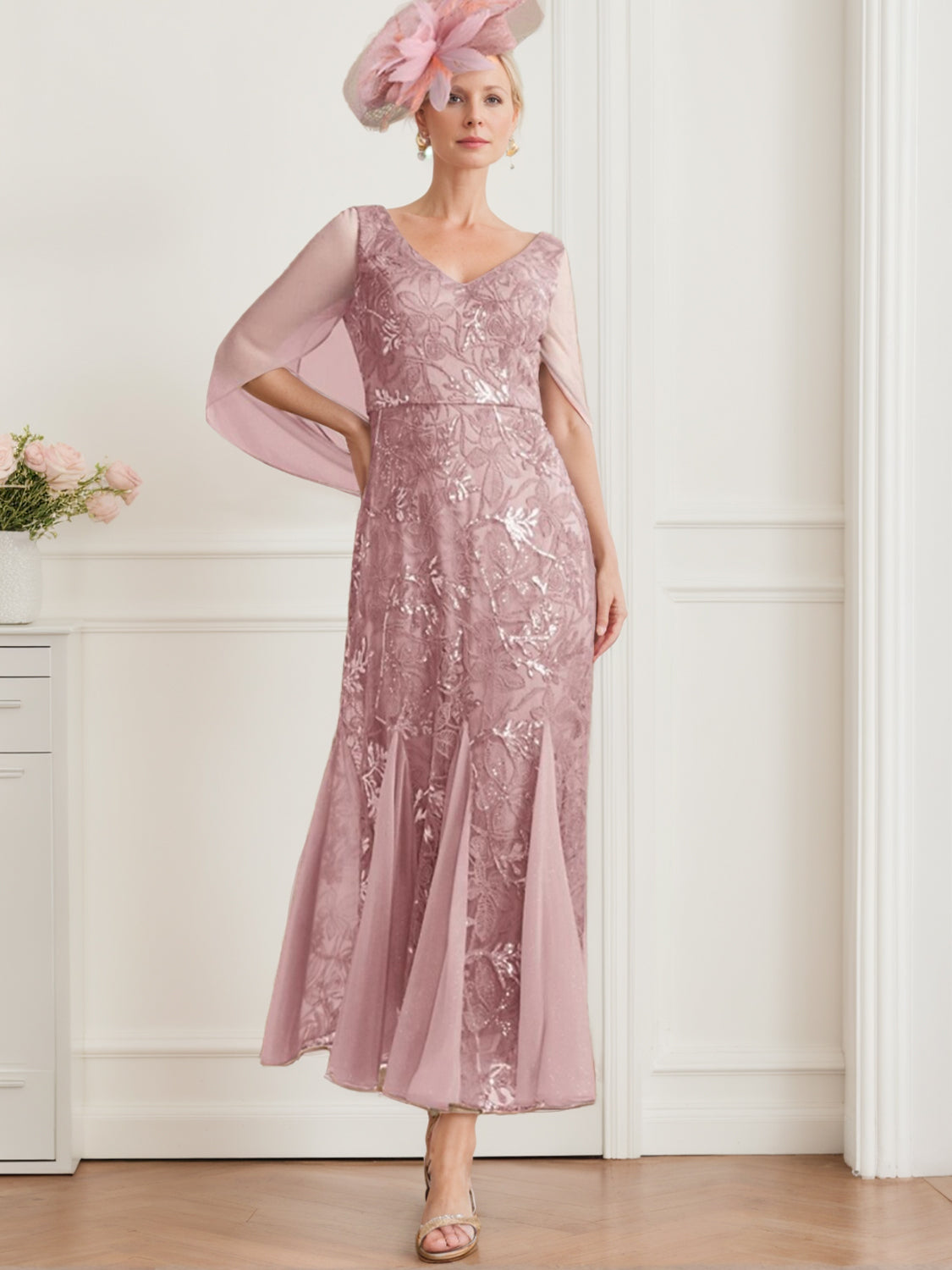 V Neck A Line Mother Of The Bride Ankle Length Solid Color Dress With Lace Sleeves