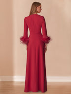 Floor Length V Neck A Line Mother Of The Bride Dress With Feather Accents