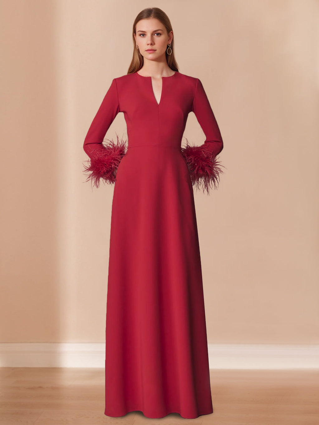 Floor Length V Neck A Line Mother Of The Bride Dress With Feather Accents