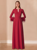 Floor Length V Neck A Line Mother Of The Bride Dress With Feather Accents