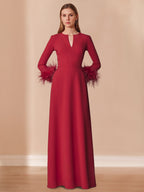Floor Length V Neck A Line Mother Of The Bride Dress With Feather Accents
