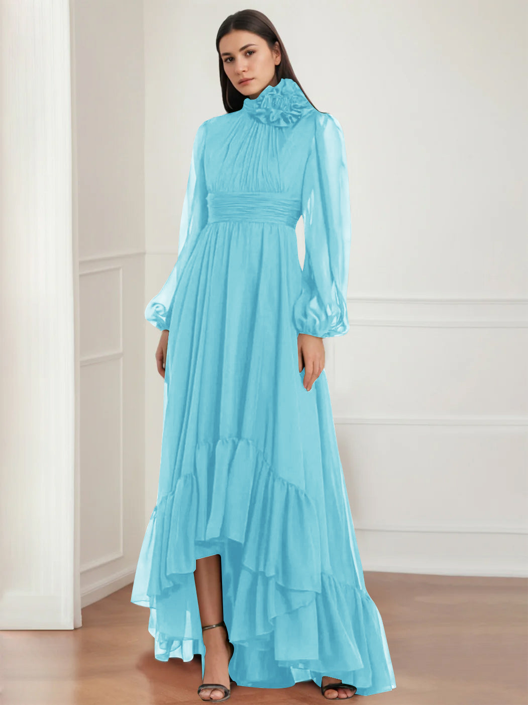 Mother Of The Bride Dress Asymmetrical A Line Jewel Neck Gown With Long Sleeves