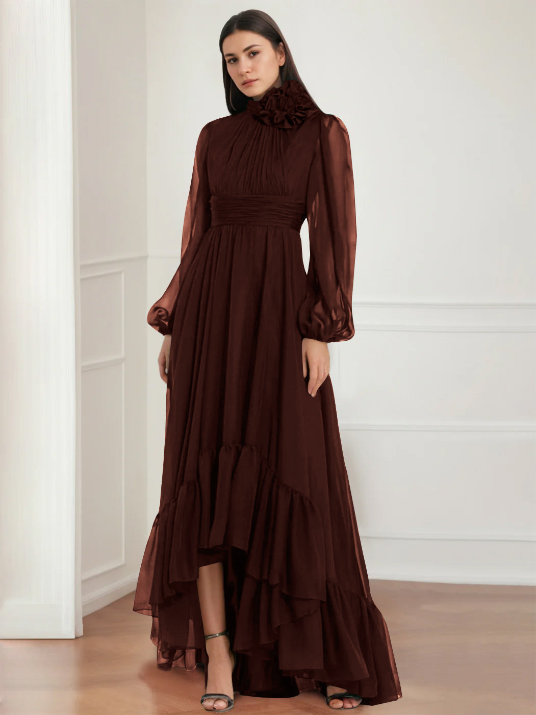 Mother Of The Bride Dress Asymmetrical A Line Jewel Neck Gown With Long Sleeves