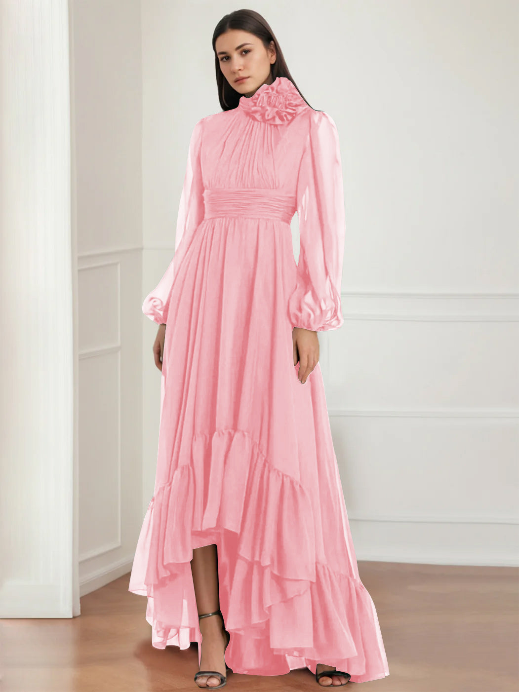 Mother Of The Bride Dress Asymmetrical A Line Jewel Neck Gown With Long Sleeves