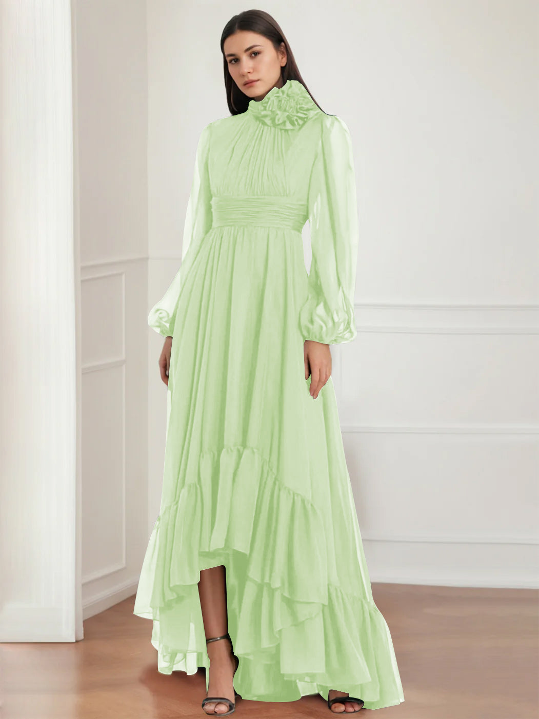Mother Of The Bride Dress Asymmetrical A Line Jewel Neck Gown With Long Sleeves