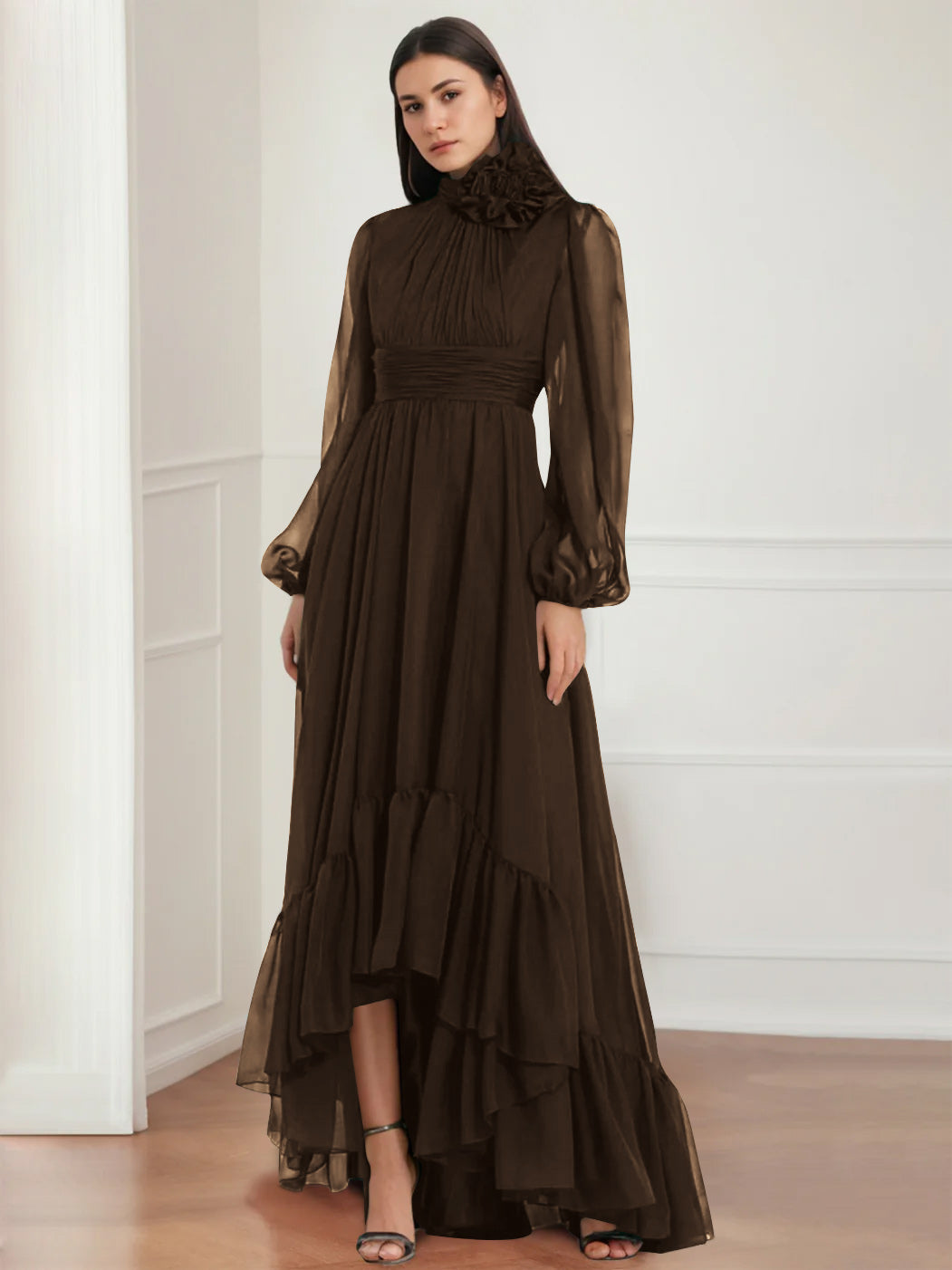 Mother Of The Bride Dress Asymmetrical A Line Jewel Neck Gown With Long Sleeves