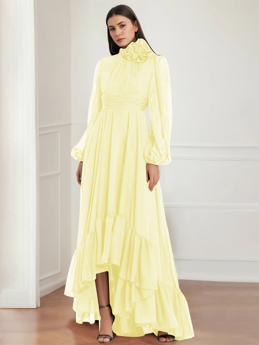 Mother Of The Bride Dress Asymmetrical A Line Jewel Neck Gown With Long Sleeves