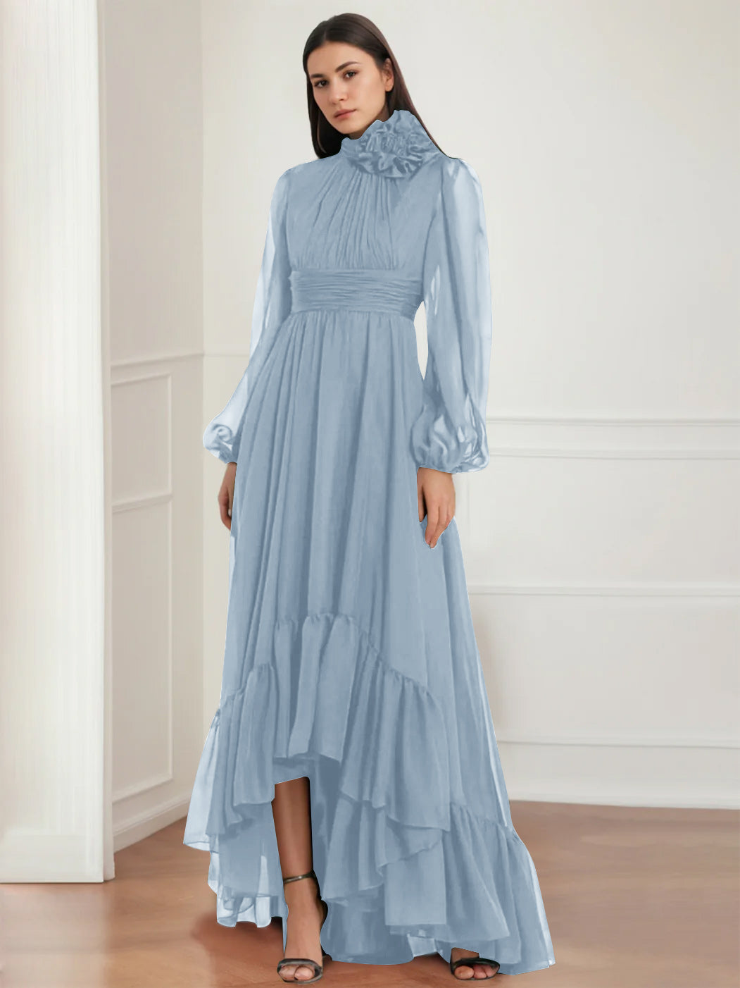 Mother Of The Bride Dress Asymmetrical A Line Jewel Neck Gown With Long Sleeves